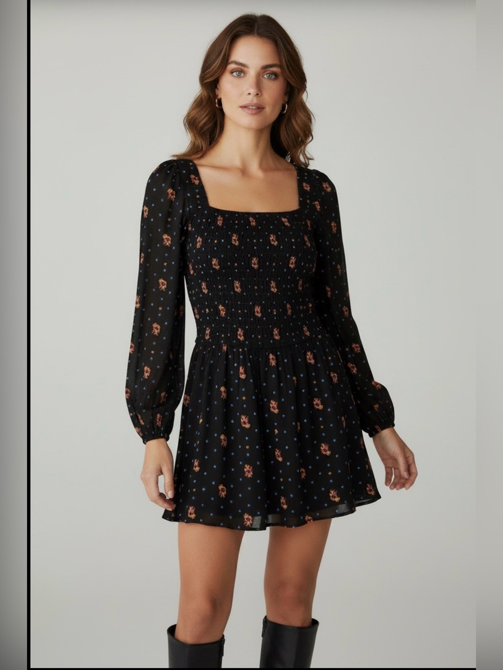 Free People Black Floral Smocked Square-Neck Mini Dress with Rust and Blue Motif